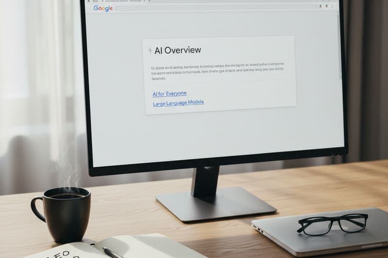 AI Overview answer block on a desktop monitor next to a notebook with notes about GEO, AEO, and LLMO