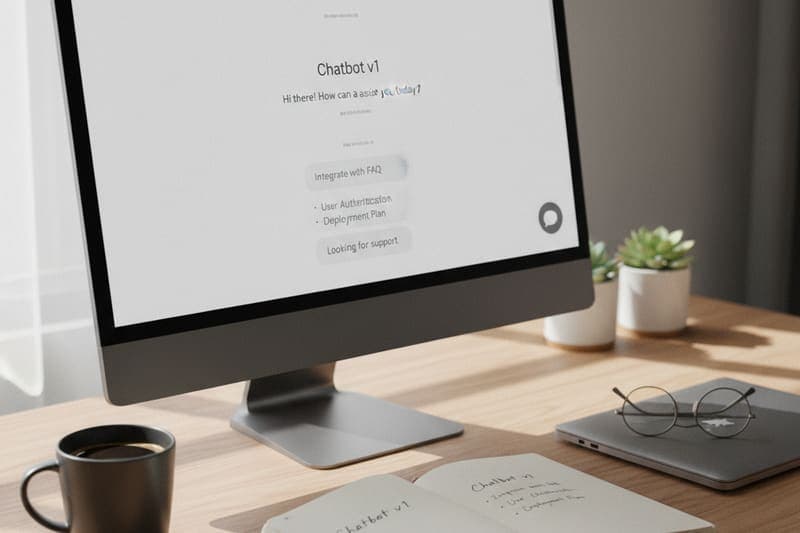 Website on a desktop monitor with an open chat widget showing a tidy conversation thread, beside a notebook labeled Chatbot v1