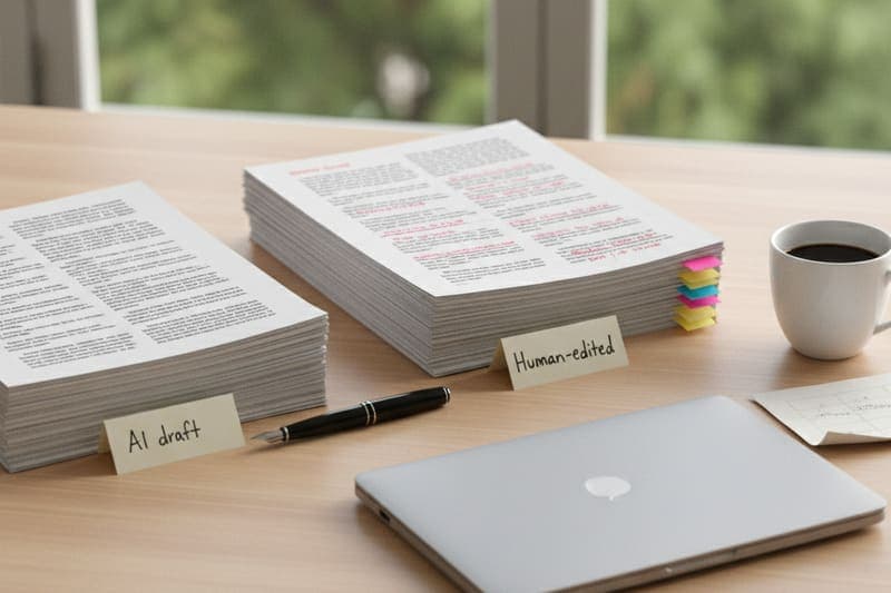 Two stacks of printed articles on a desk, one labeled AI draft and the other Human-edited with red margin notes