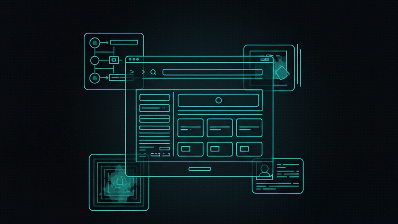 Wireframe illustration of a UI screen surrounded by user flow, heatmap, and persona artifacts